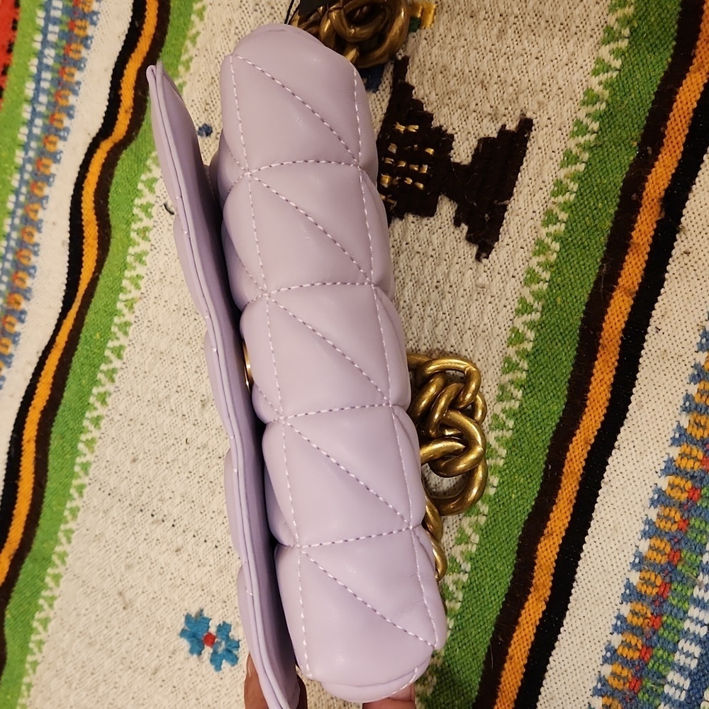Vegan Leather Quilted Lilac Purple Mini Shoulder Bag with Heavy Brass Chain NWT - Picture 7 of 7